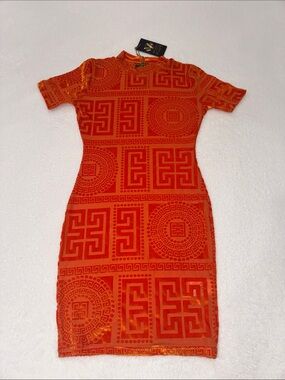 Fitted Orange Geometric Midi Dress